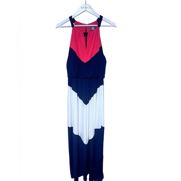 Vince Camuto Maxi Dress Halter Color block Women’s Sz 8 Navy Winter White Coral - Picture 5 of 8